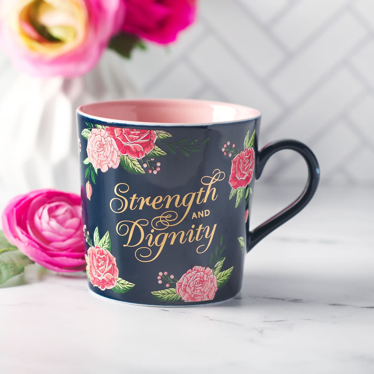 Strength and Dignity - Proverbs 31:25 Pink Roses Ceramic Coffee Mug, picture 4