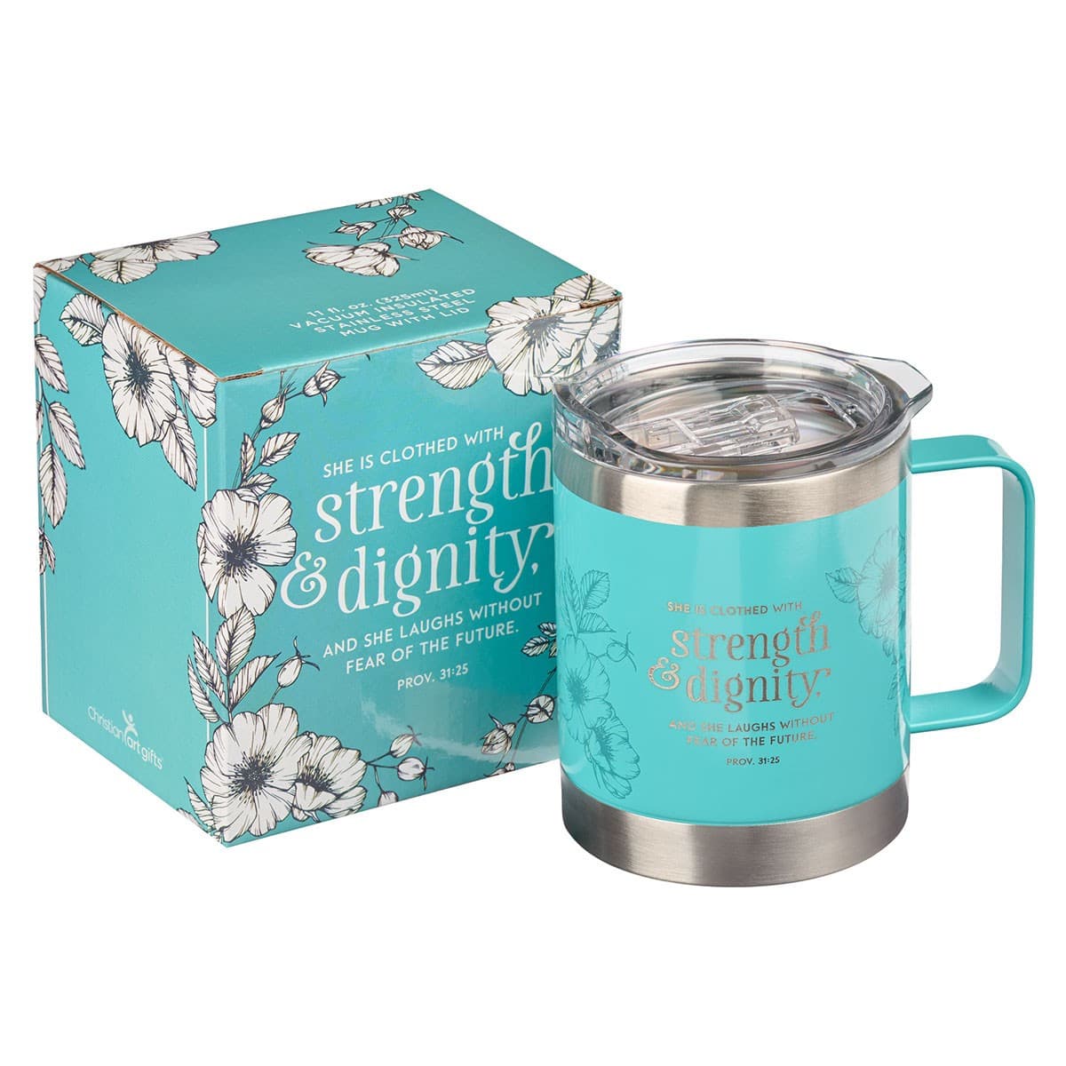 Strength & Dignity - Proverbs 31:25 Teal Camp-style Stainless Steel Mug, picture 3