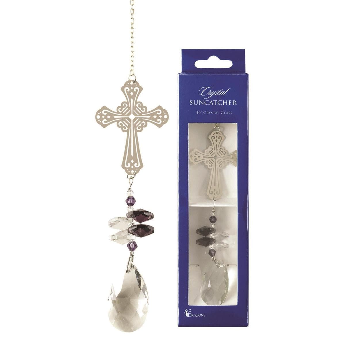 CROSS PURPLE BEAD CRYSTAL 10"W/SUCTION SUN CATCHER