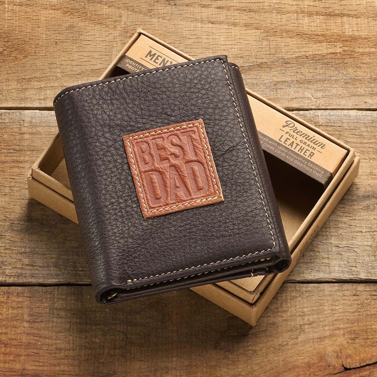 Best Dad Brown and Tan Genuine Leather Trifold Wallet, picture 5