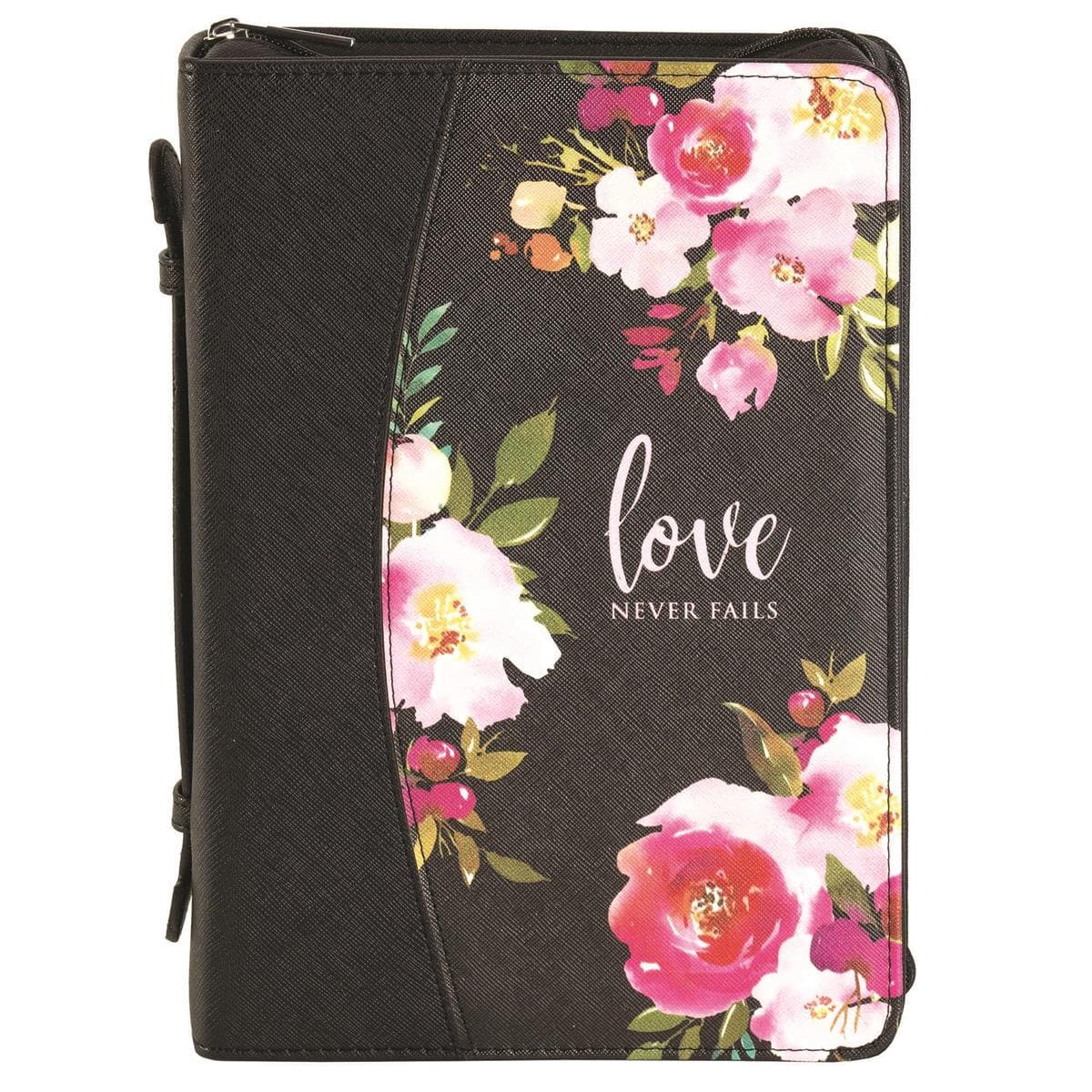 "LOVE NEVER FAILS' BLACK XL BIBLE CASE