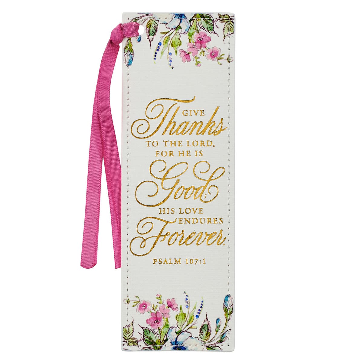 Give Thanks - Psalm 107:1 White Floral Faux Leather Bookmark