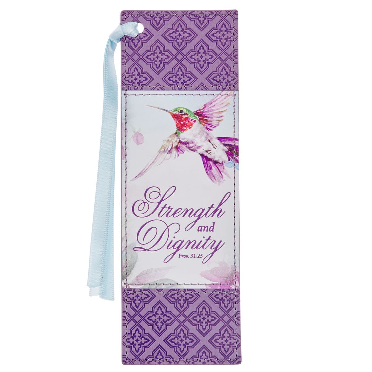 Strength and Dignity - Proverbs 31:25 Hummingbird Purple Faux Leather Bookmark