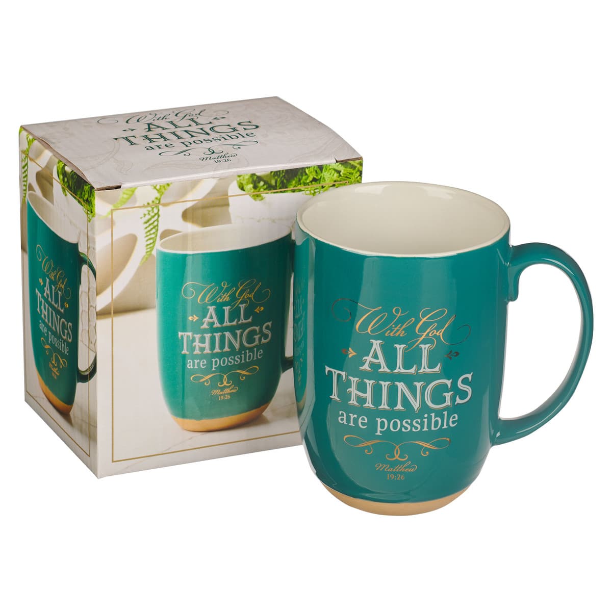 All Things are Possible - Matthew 19:26 Green Ceramic Coffee Mug with Exposed Clay Base, picture 3