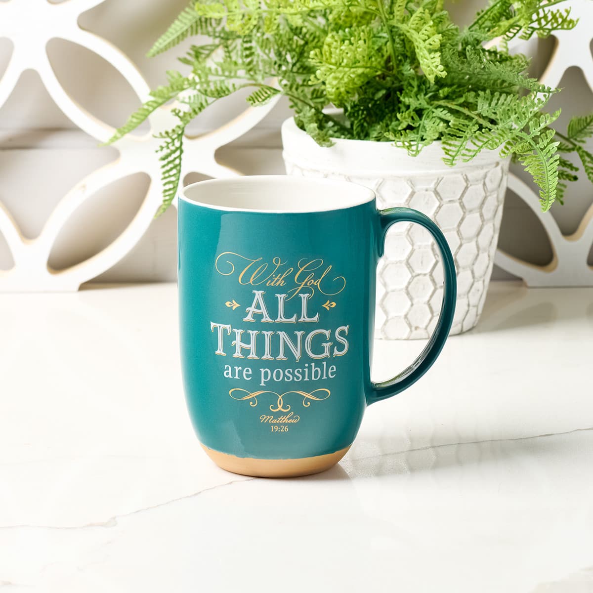All Things are Possible - Matthew 19:26 Green Ceramic Coffee Mug with Exposed Clay Base, picture 4