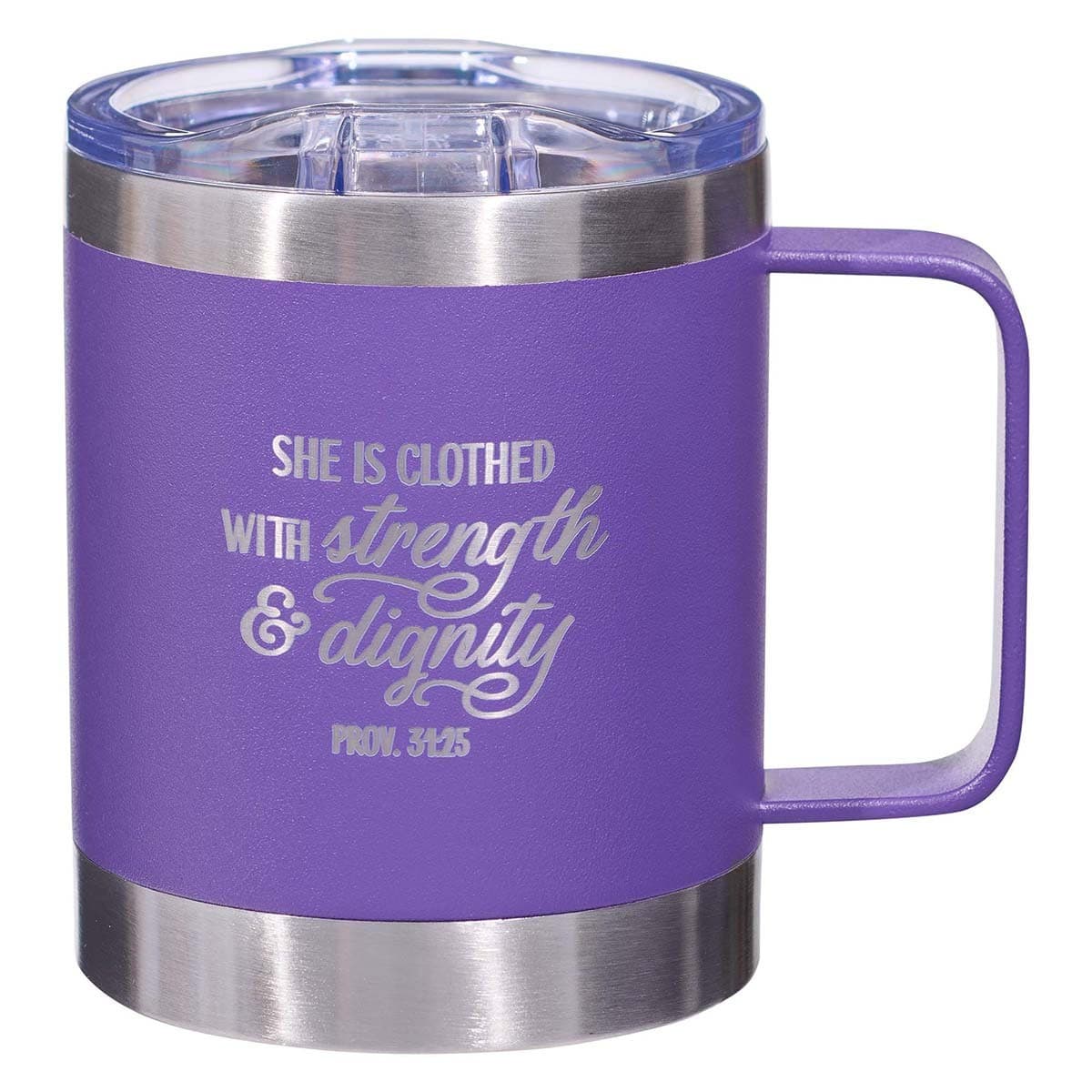 Strength & Dignity - Proverbs 31:25 Purple Camp-style Stainless Steel Mug