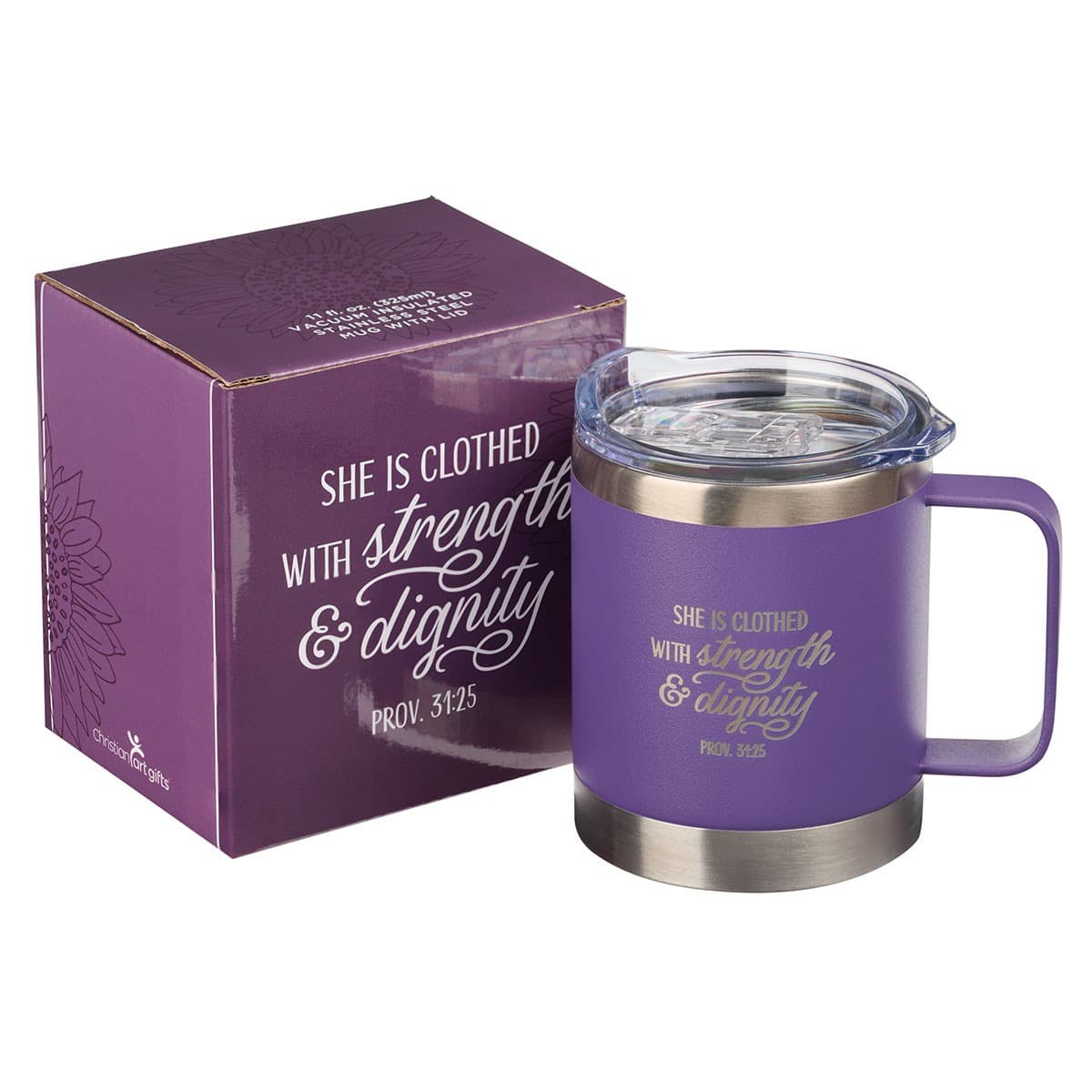 Strength & Dignity - Proverbs 31:25 Purple Camp-style Stainless Steel Mug, picture 3
