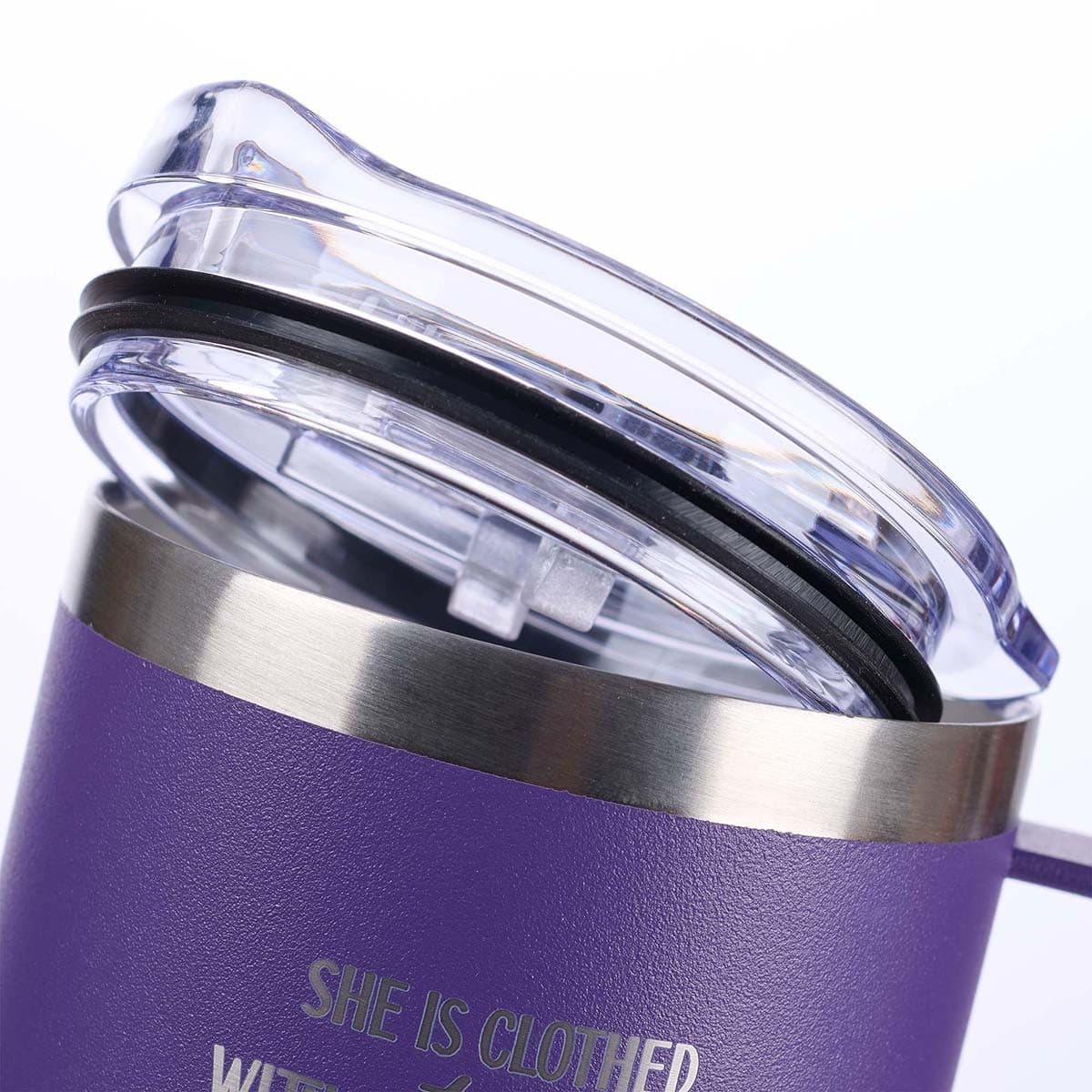 Strength & Dignity - Proverbs 31:25 Purple Camp-style Stainless Steel Mug, picture 4