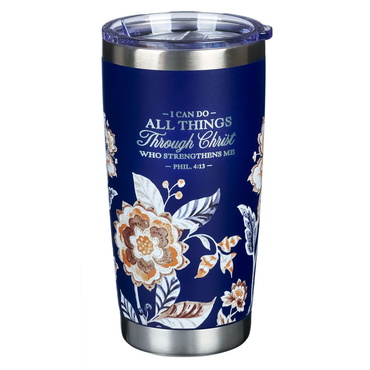 I Can Do All Things Through Christ - Philippians 4:13 Honey-brown and Navy Floral Stainless Steel Travel Tumbler