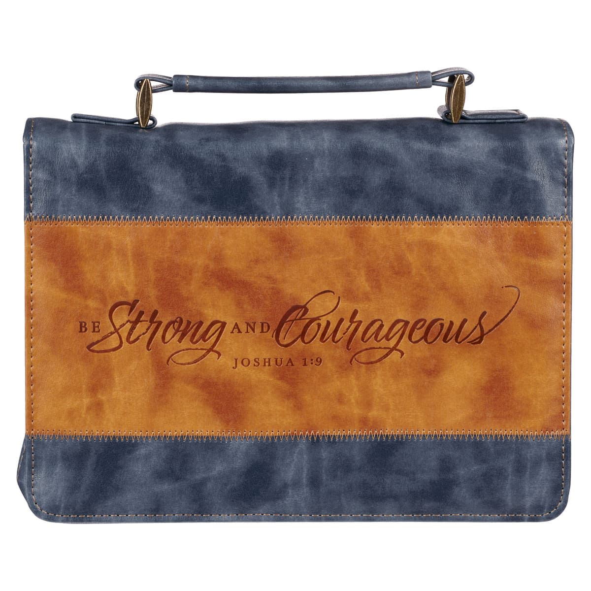 Strong and Courageous - Joshua 1:9 Butterscotch and Navy Classic Bible Case Large