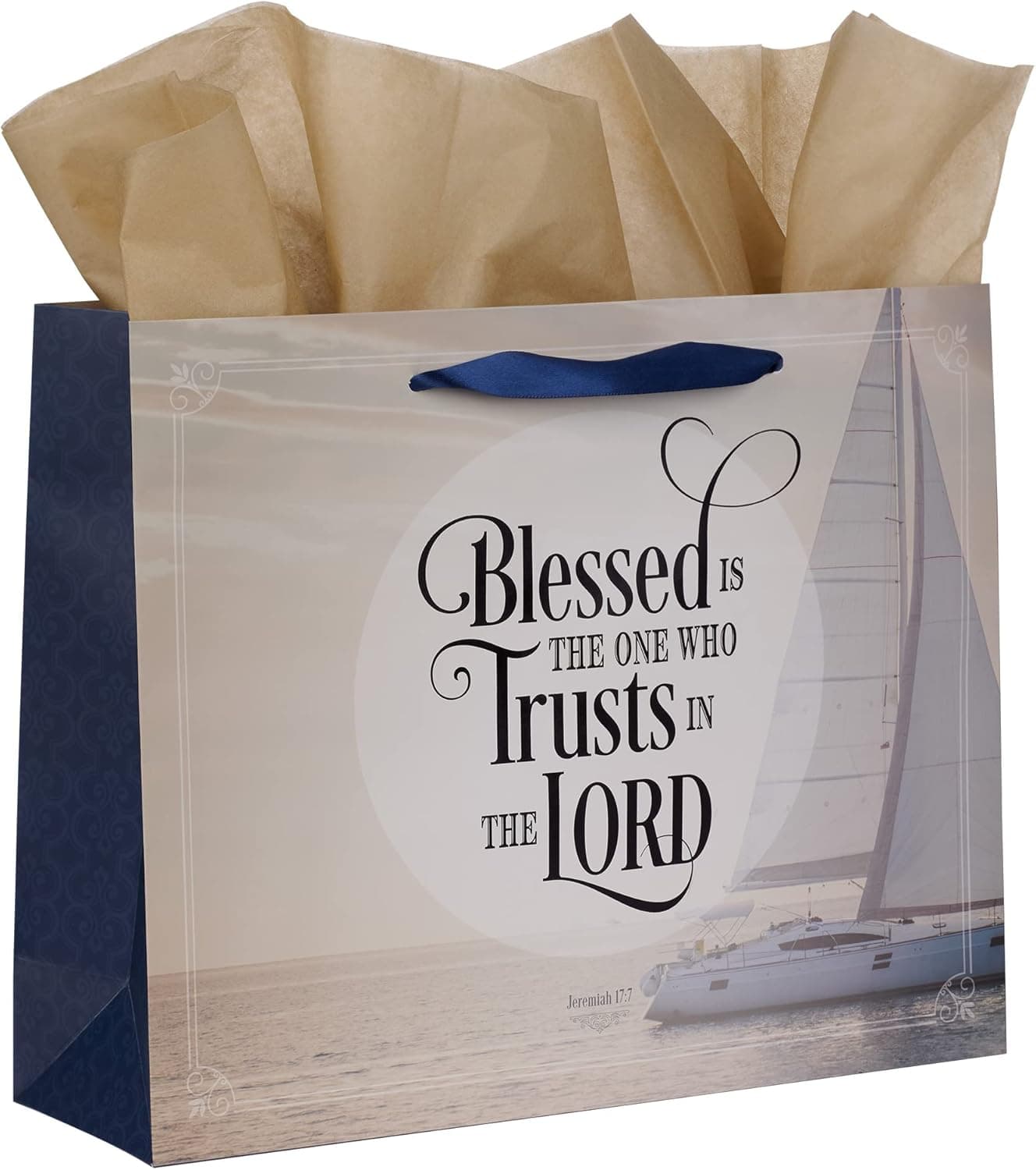 Blessed is the Man - Jeremiah 17:7 Creamy Beige & Navy Blue Large Landscape Gift Bag with Card