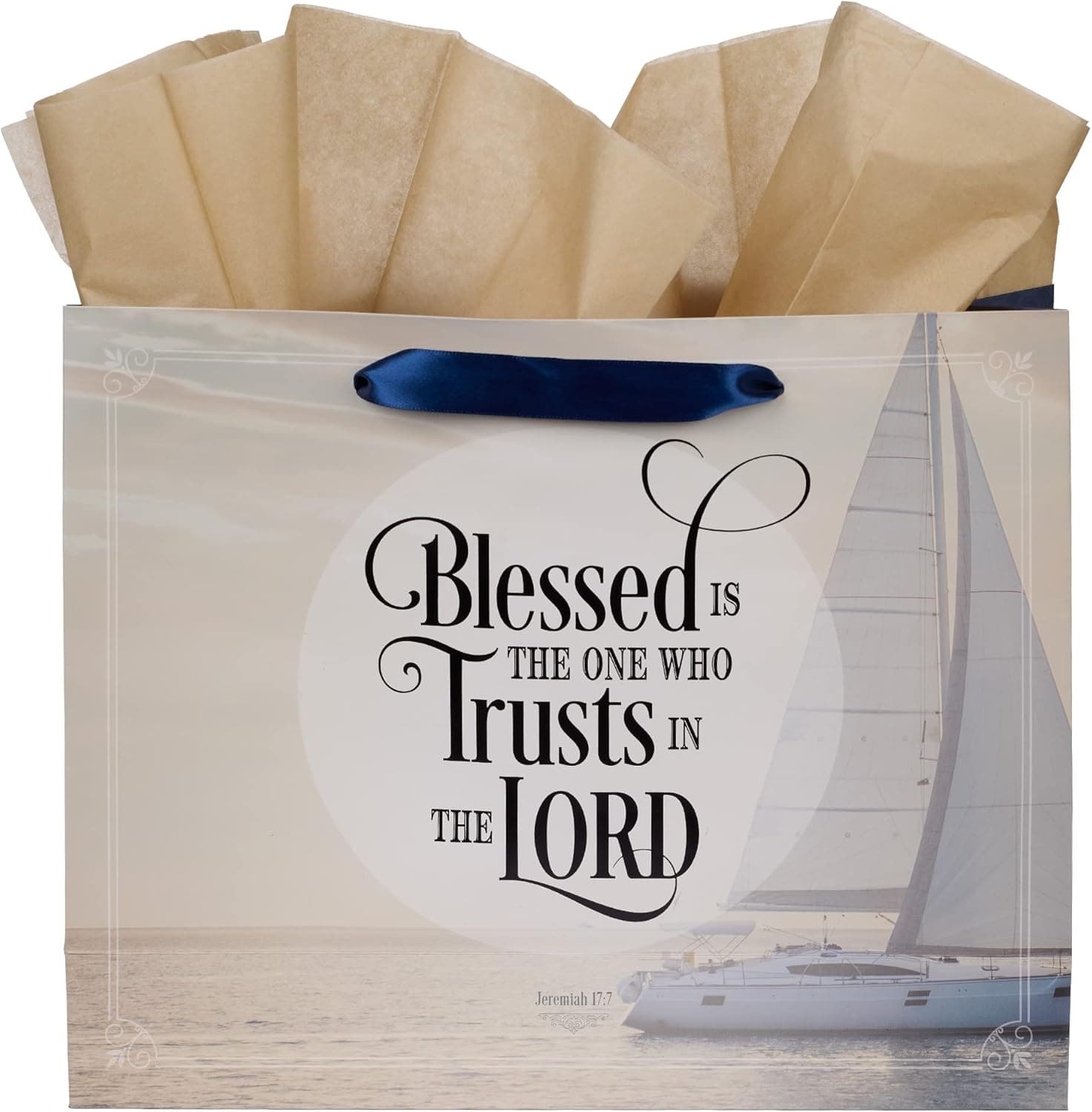 Blessed is the Man - Jeremiah 17:7 Creamy Beige & Navy Blue Large Landscape Gift Bag with Card, picture 2