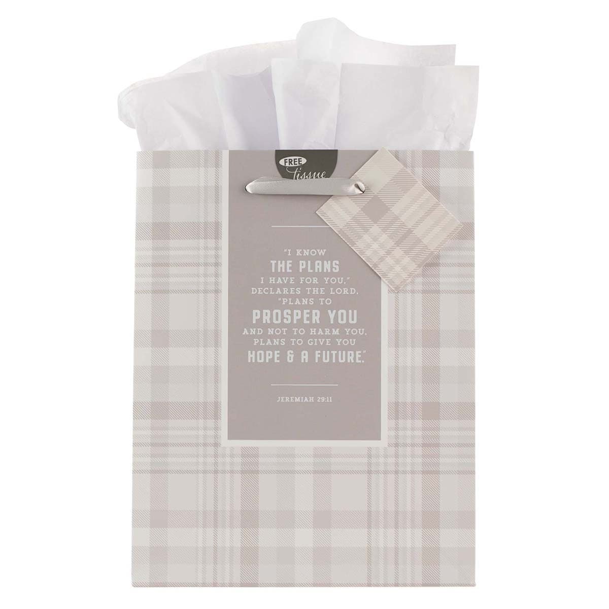 I Know the Plans - Jeremiah 29:11 Gray Plaid Medium Gift Bag