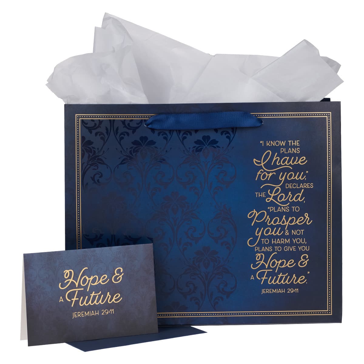 I Know The Plans - Jeremiah 29:11 Blue Floral Trellis Large Landscape Gift Bag with Card