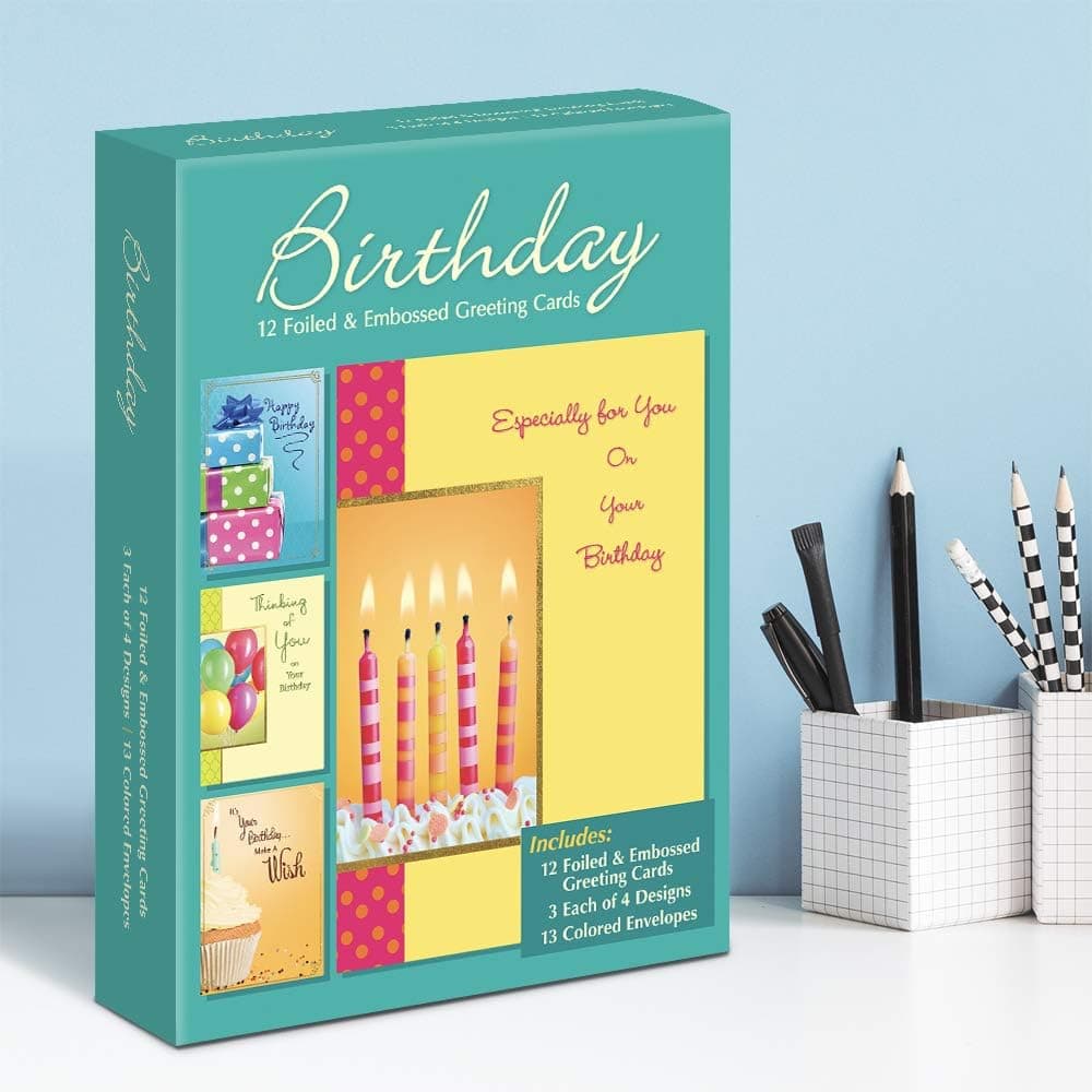 Birthday Assortment Boxed Cards, 12 Foiled Cards, 13 Envelopes