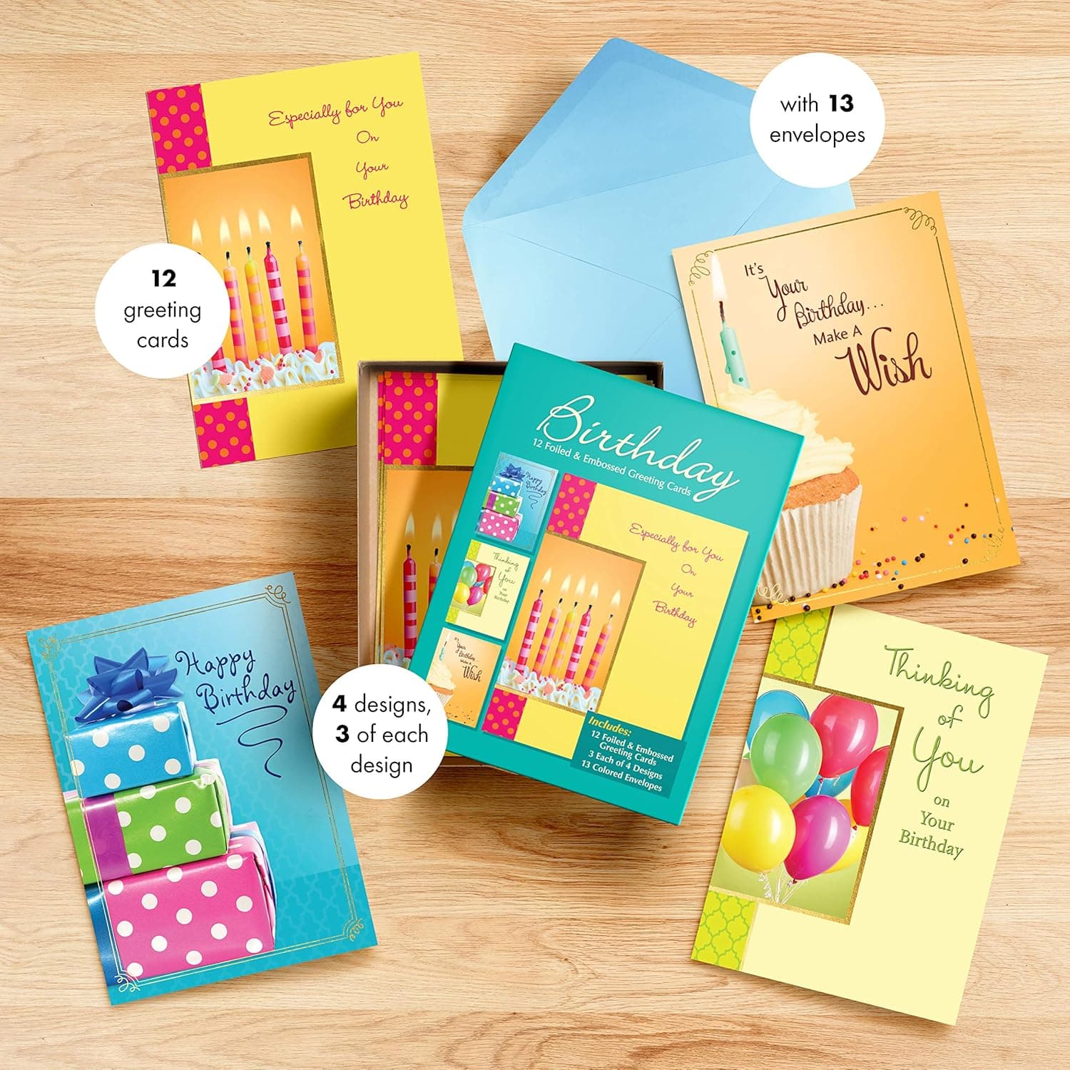 Birthday Assortment Boxed Cards, 12 Foiled Cards, 13 Envelopes, picture 2