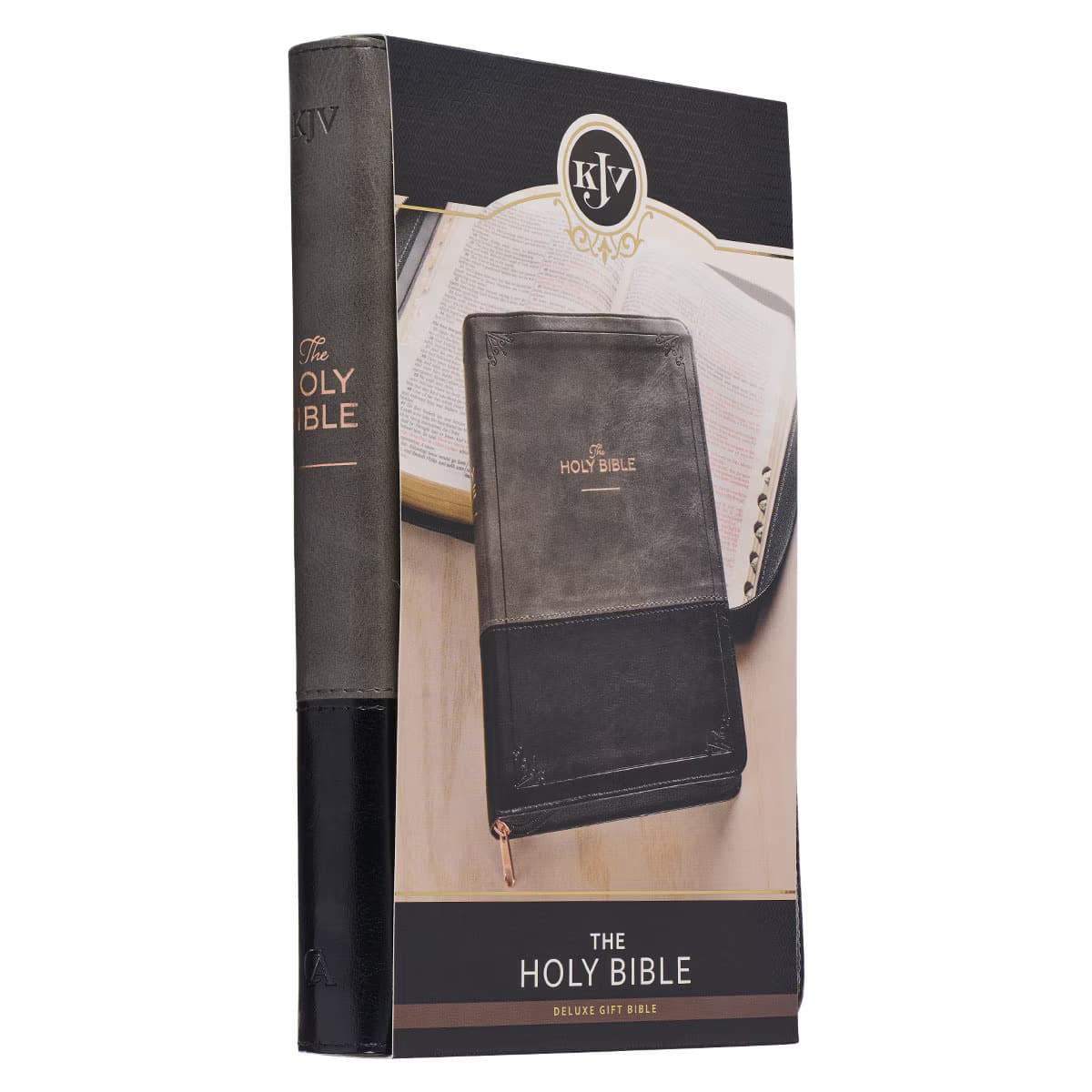 Gray and Black Faux Leather King James Version Deluxe Gift Bible with Thumb Index and Zippered Closure, picture 4