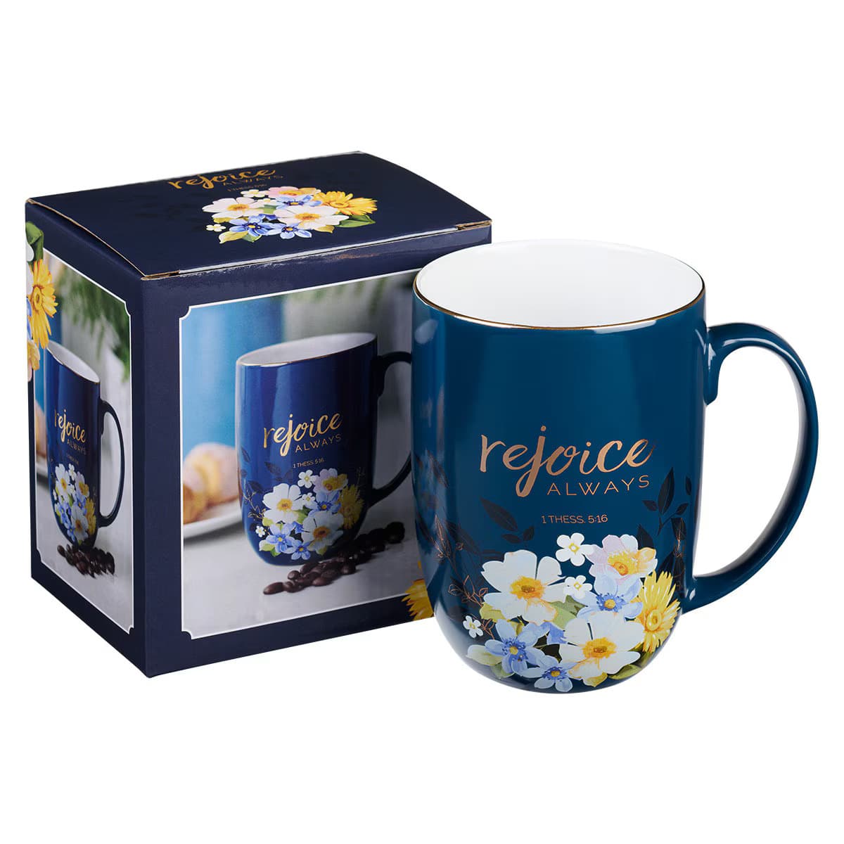Rejoice Always – 1 Thessalonians 5:16 Blue Ceramic Coffee Mug, picture 3