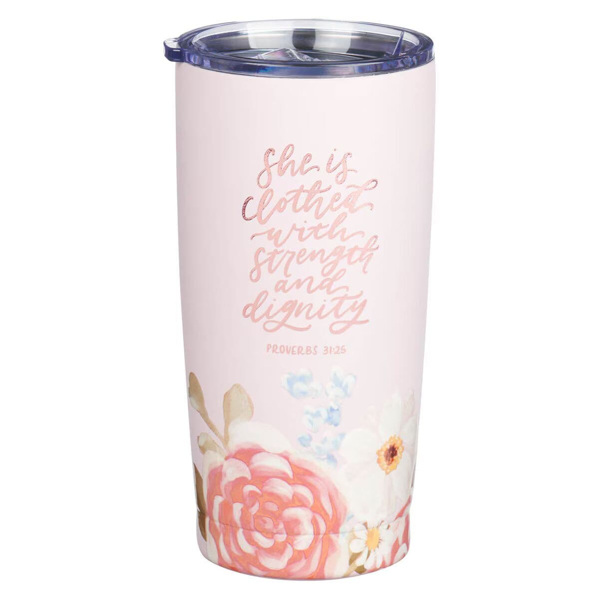 Strength and Dignity - Proverbs 31:25 Pink Floral Stainless Steel Travel Tumbler, picture 2