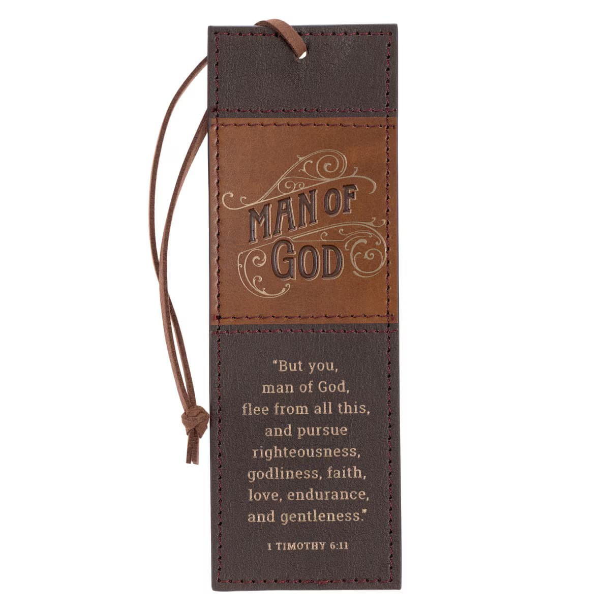 Man of God - 1 Timothy 6:11 Honey-brown and Espresso Faux Leather Bookmark