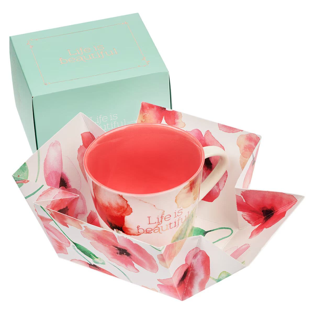 Life Is Beautiful Coral Poppies Ceramic Coffee Mug, picture 3