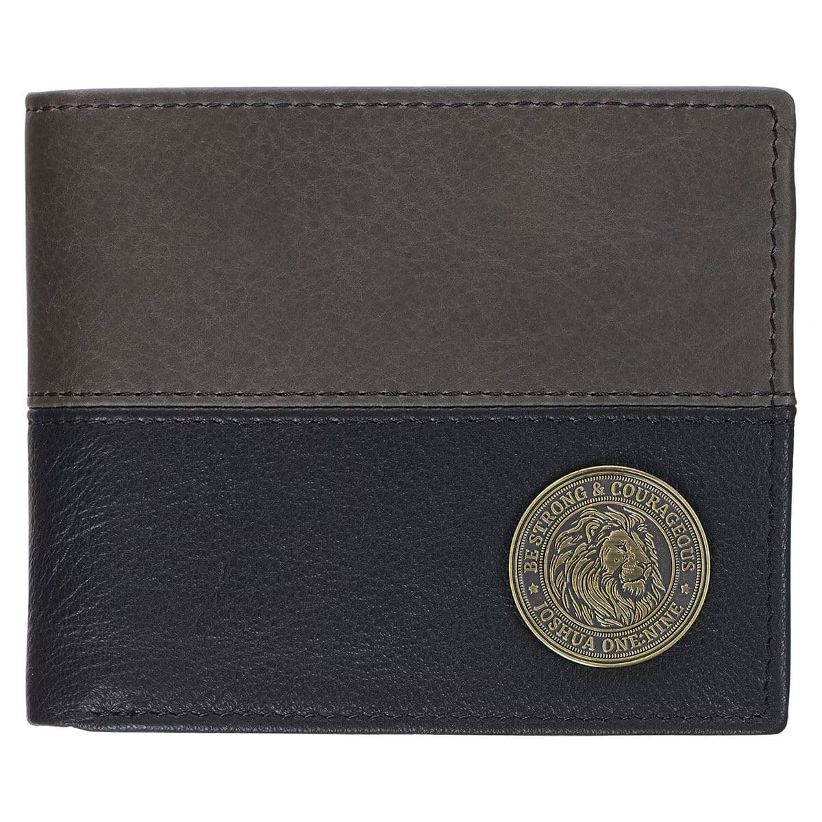 Strong and Courageous - Joshua 1:9 Black and Brown Full Grain Leather Wallet with Metal Badge