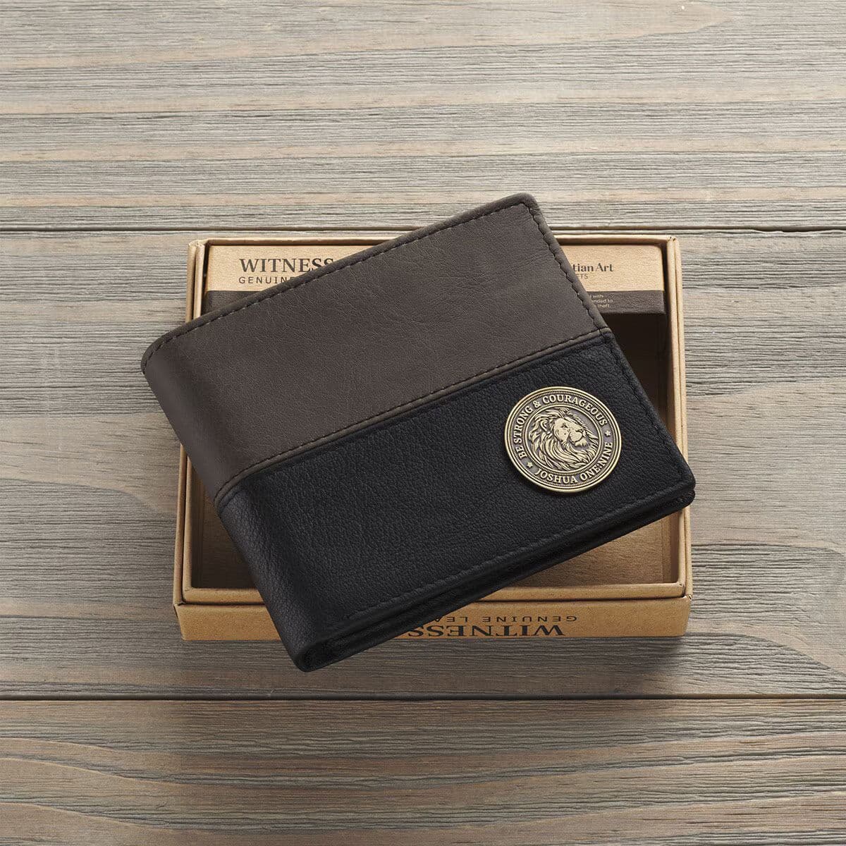 Strong and Courageous - Joshua 1:9 Black and Brown Full Grain Leather Wallet with Metal Badge, picture 3
