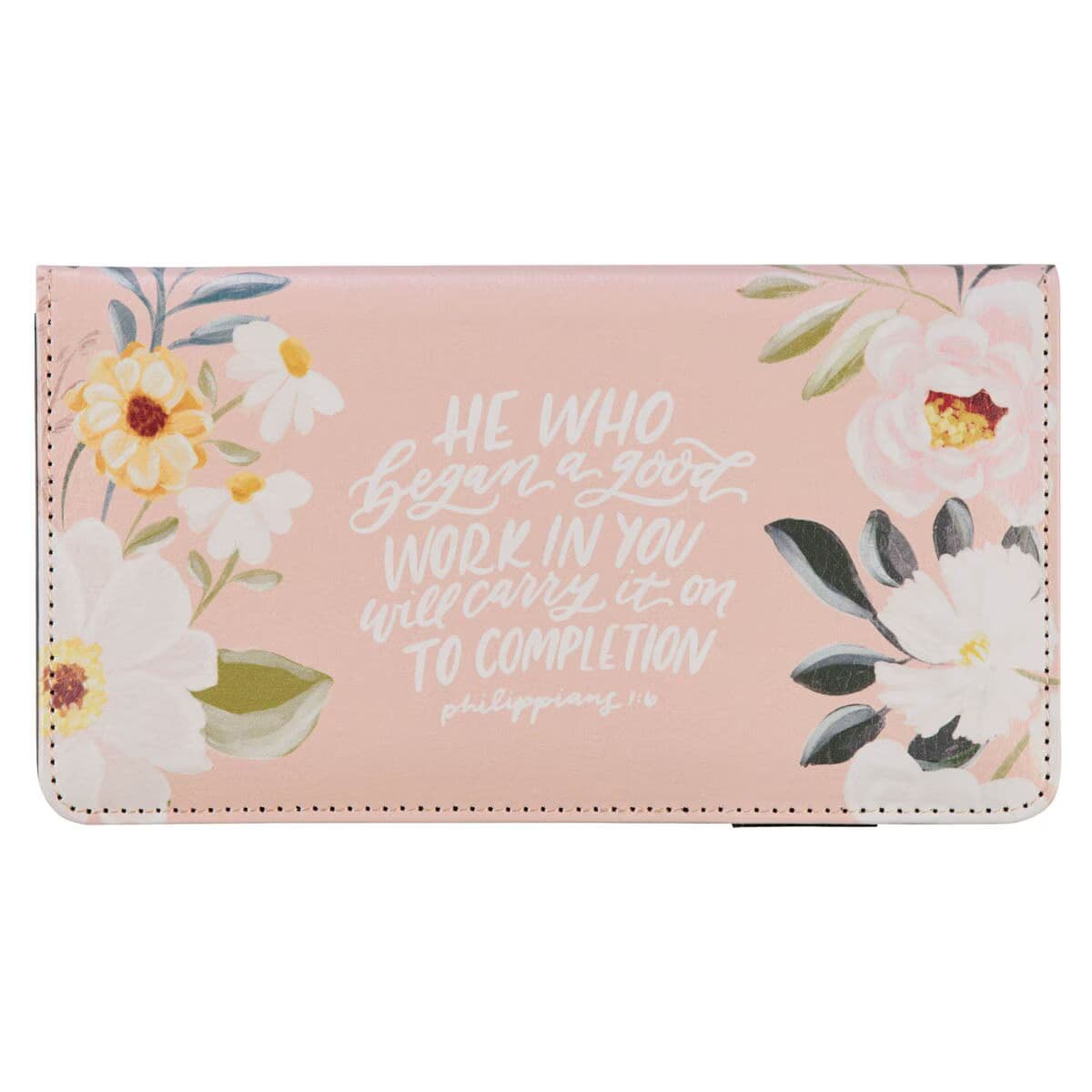 A Good Work - Philippians 1:6 Peach Floral Faux Leather Checkbook Wallet