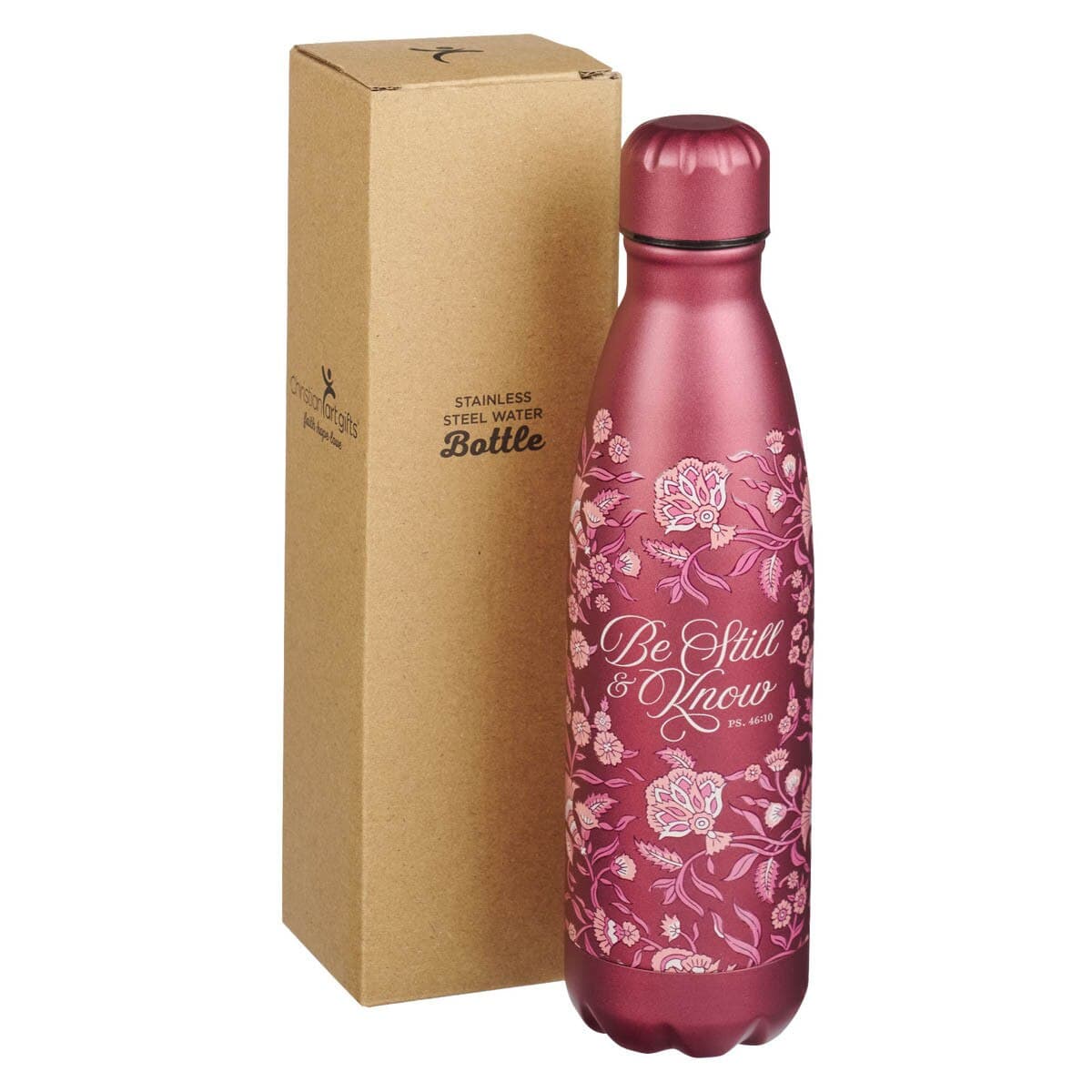 Be Still - Psalm 46:10 Metallic Raisin Plum Floral Stainless Steel Water Bottle, picture 2