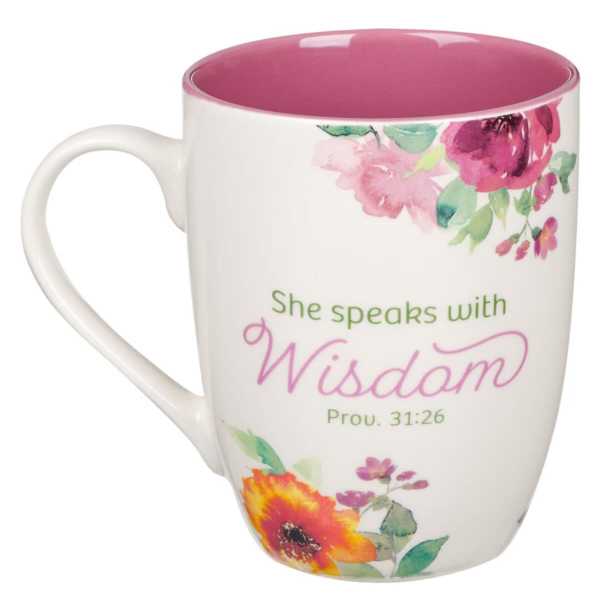 She Speaks With Wisdom - Proverbs 31:26 Pink Floral Ceramic Coffee Mug, picture 2
