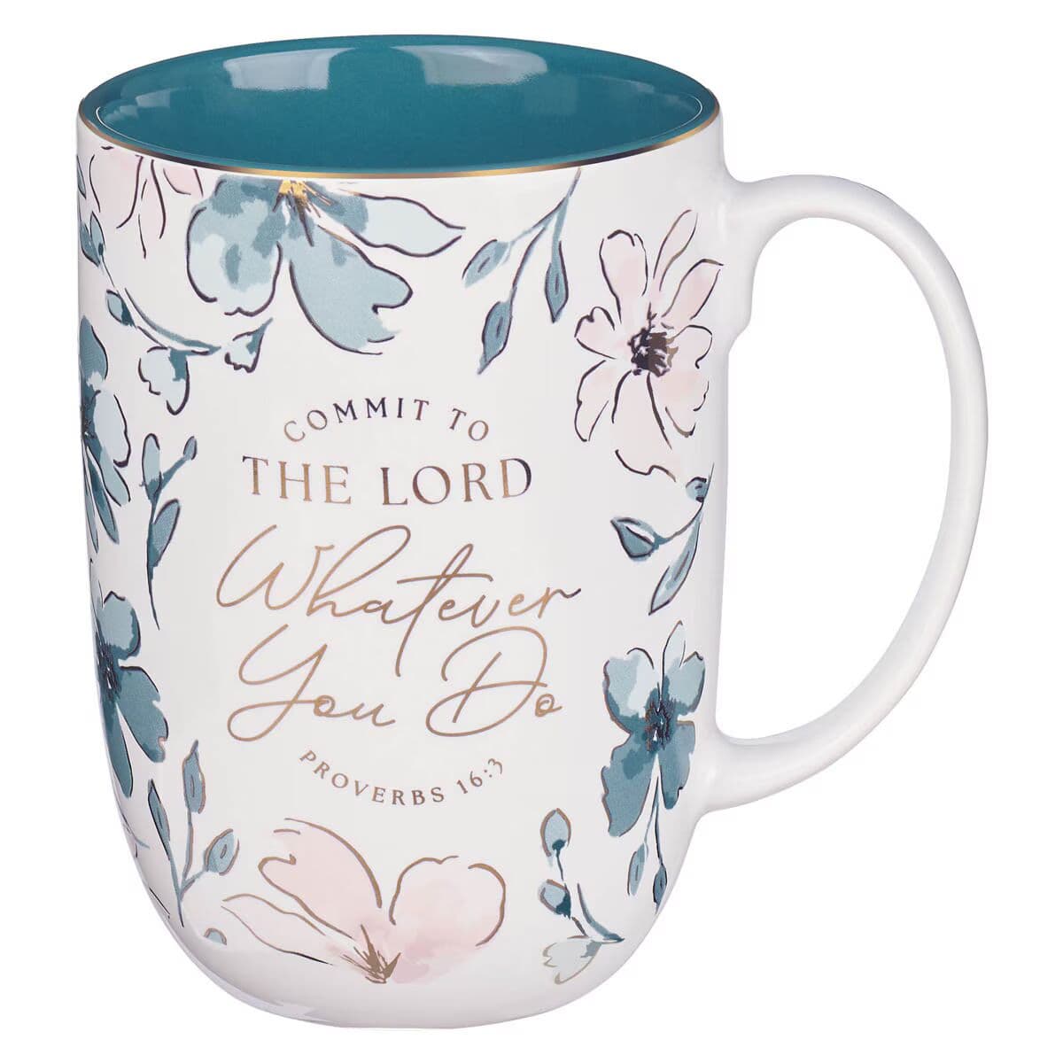 Whatever You Do - Proverbs 16:3 Teal Floral Ceramic Coffee Mug