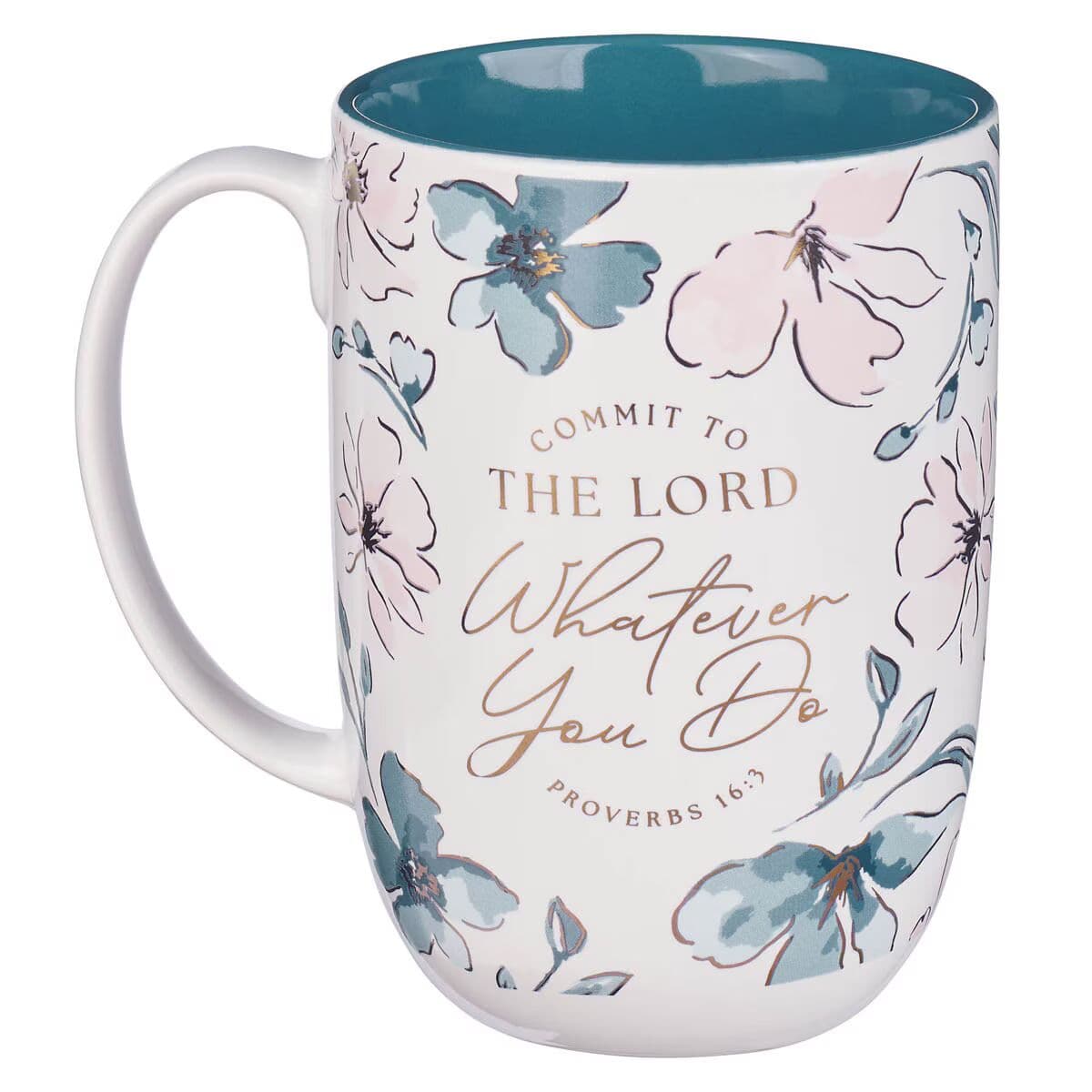 Whatever You Do - Proverbs 16:3 Teal Floral Ceramic Coffee Mug, picture 2