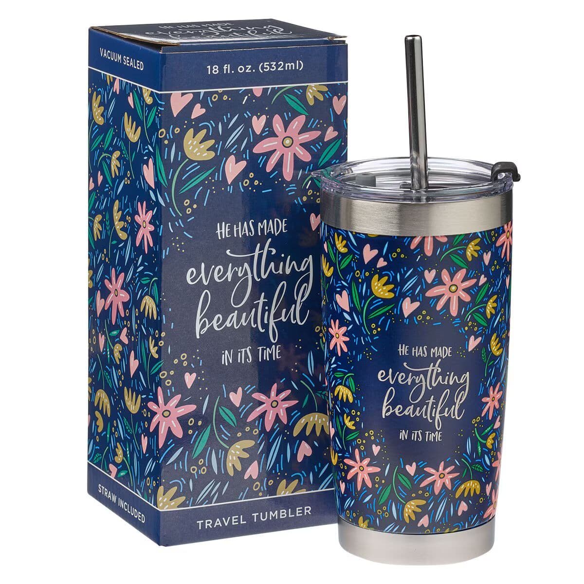 Everything Beautiful - Ecclesiastes 3:11 Stainless Steel Travel Mug with Reusable Stainless Steel Straw, picture 3