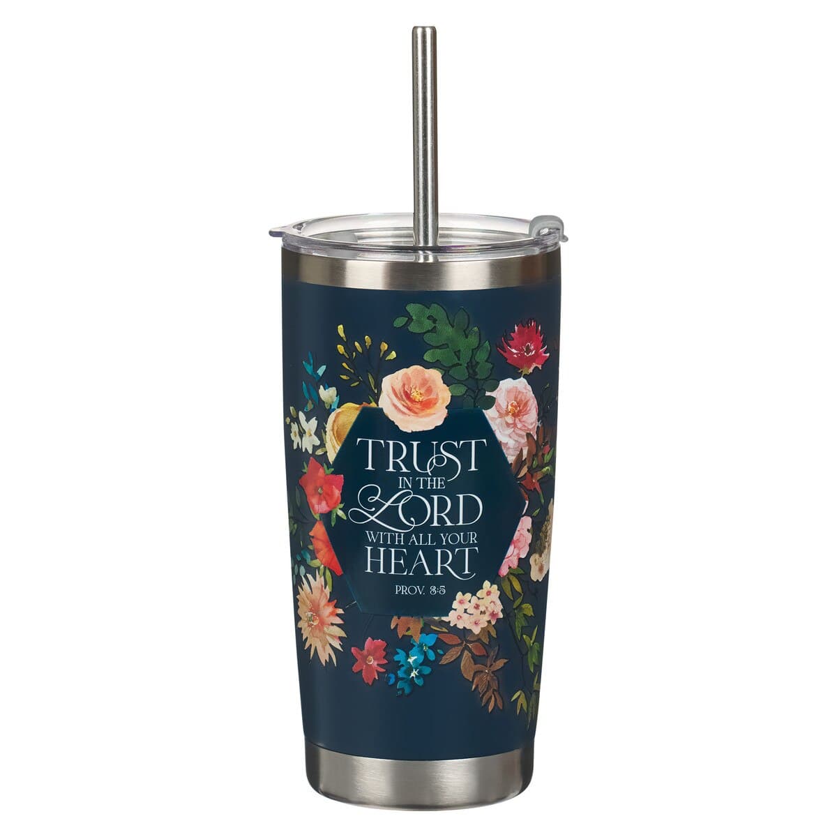 Trust - Proverbs 3:5 Indigo Blue Floral Stainless Steel Travel Tumbler with Stainless Steel Straw