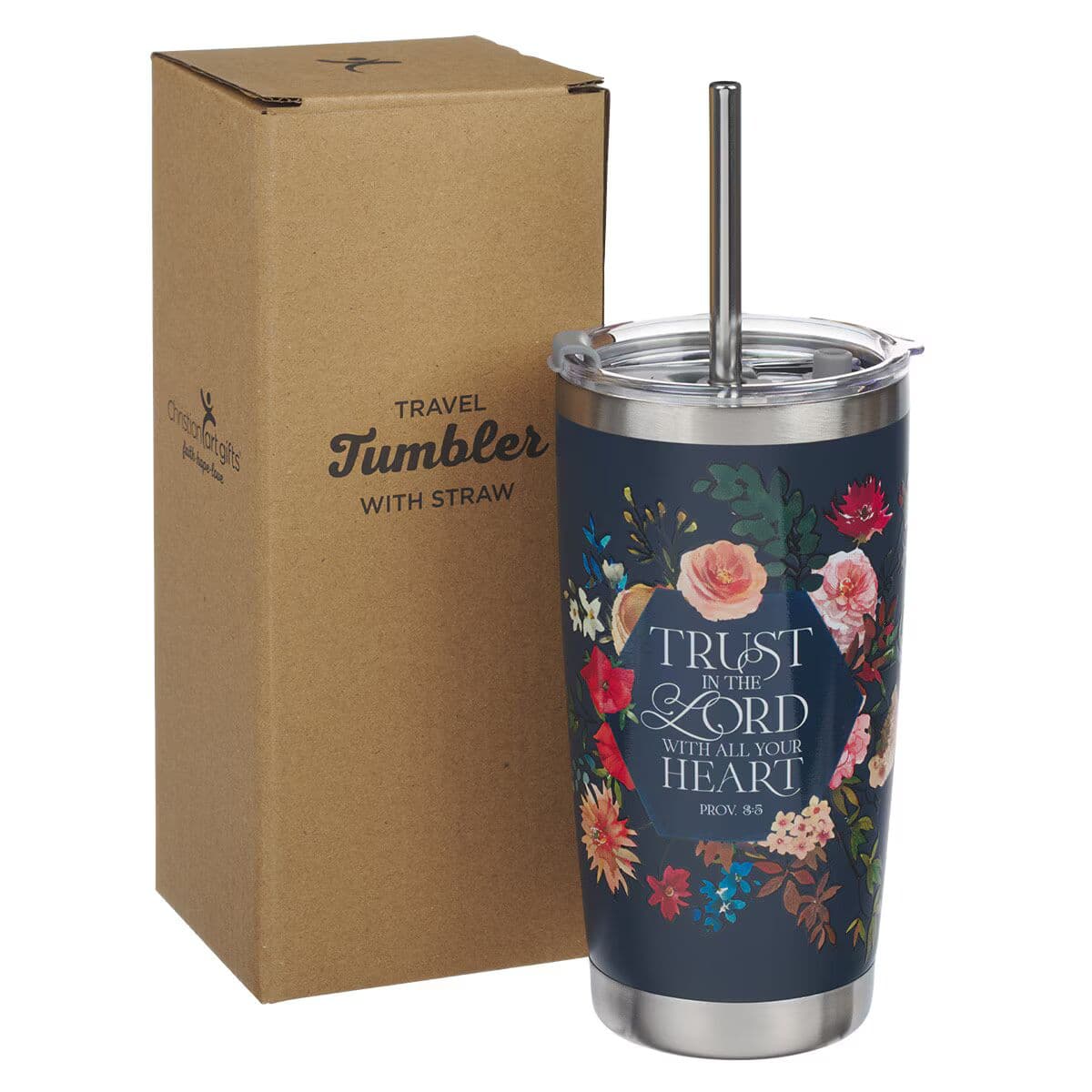 Trust - Proverbs 3:5 Indigo Blue Floral Stainless Steel Travel Tumbler with Stainless Steel Straw, picture 3