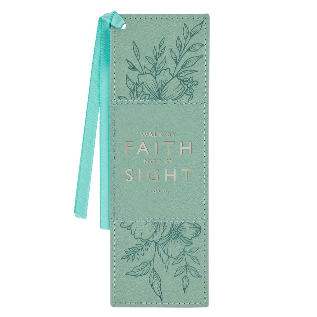 Faith - 2 Corinthians 5:7 Teal Floral Faux Leather Bookmark