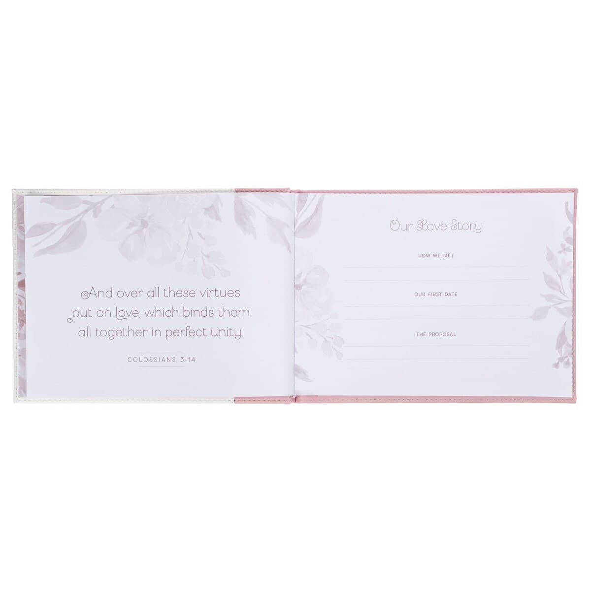 Pink Floral Mr. & Mrs. Medium Faux Leather Wedding Guest Book - 1 John 4:19, picture 2