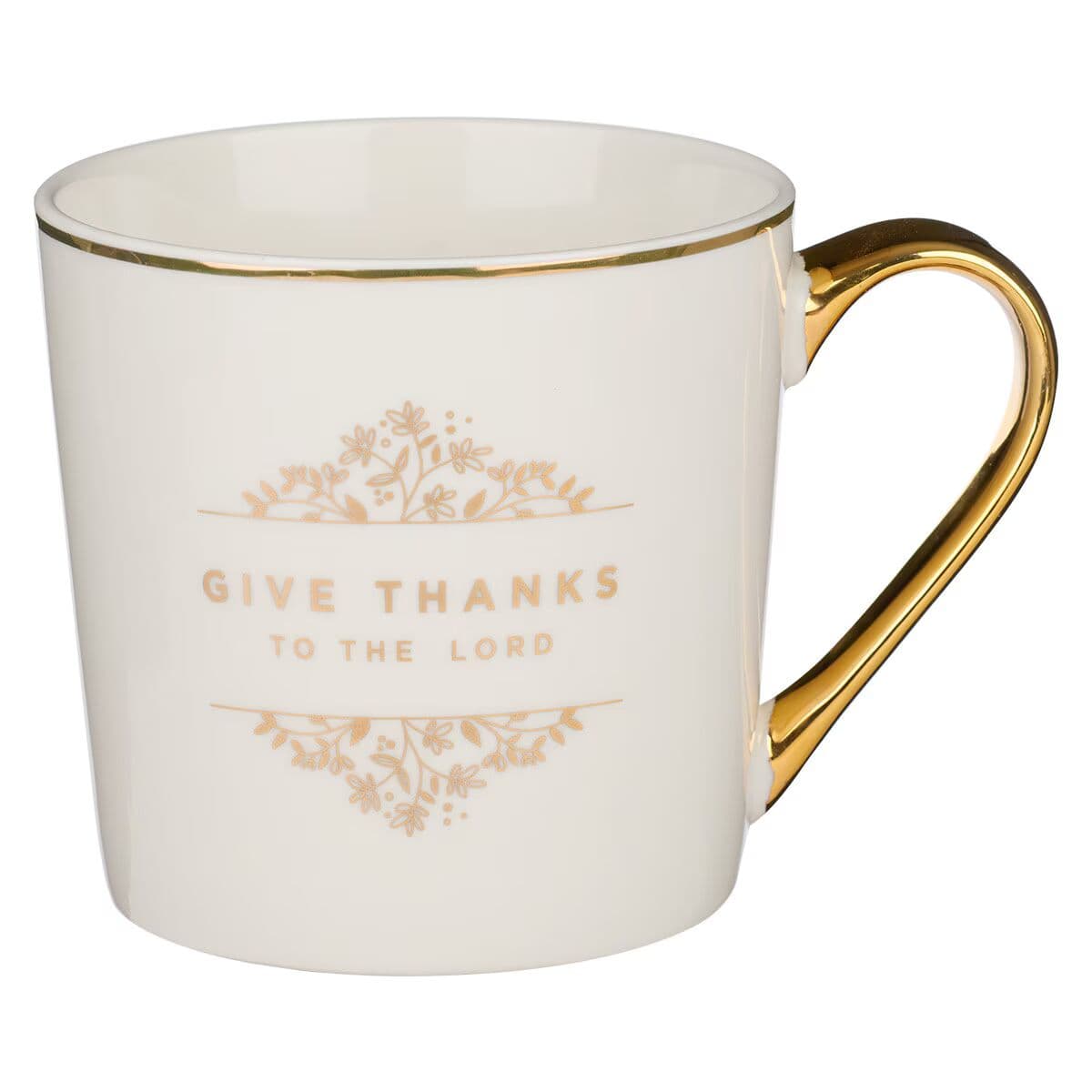 Give Thanks to the LORD - Psalm 106:1 White and Gold Ceramic Coffee Mug