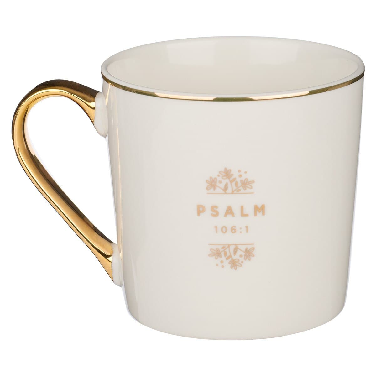 Give Thanks to the LORD - Psalm 106:1 White and Gold Ceramic Coffee Mug, picture 2