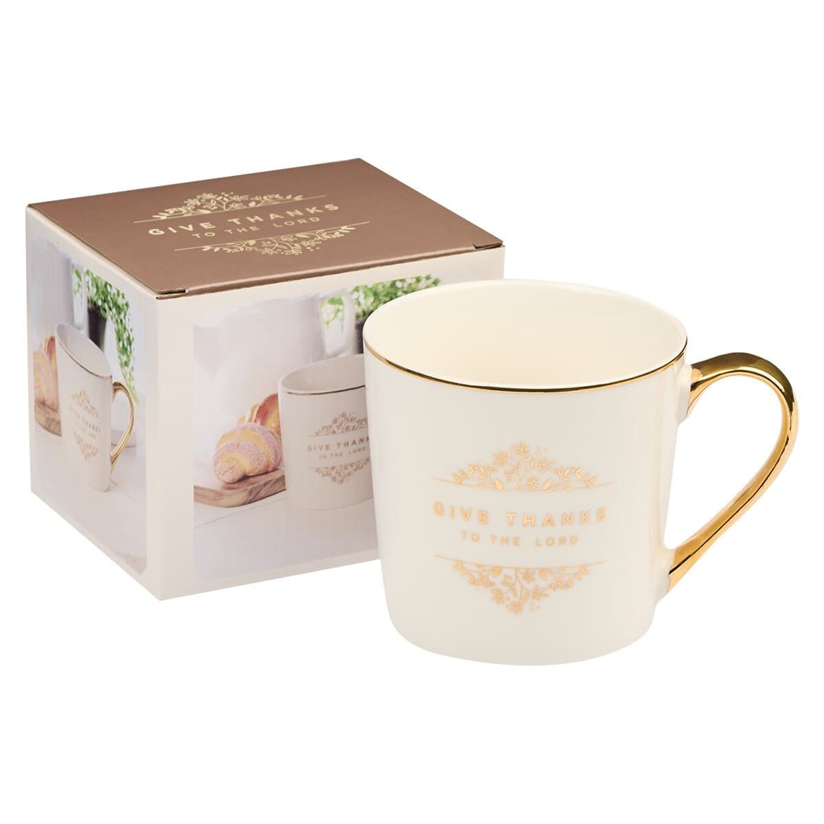 Give Thanks to the LORD - Psalm 106:1 White and Gold Ceramic Coffee Mug, picture 3