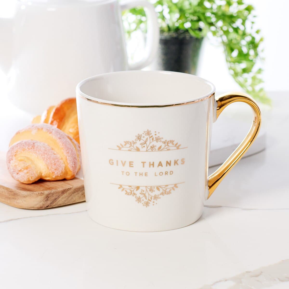 Give Thanks to the LORD - Psalm 106:1 White and Gold Ceramic Coffee Mug, picture 4