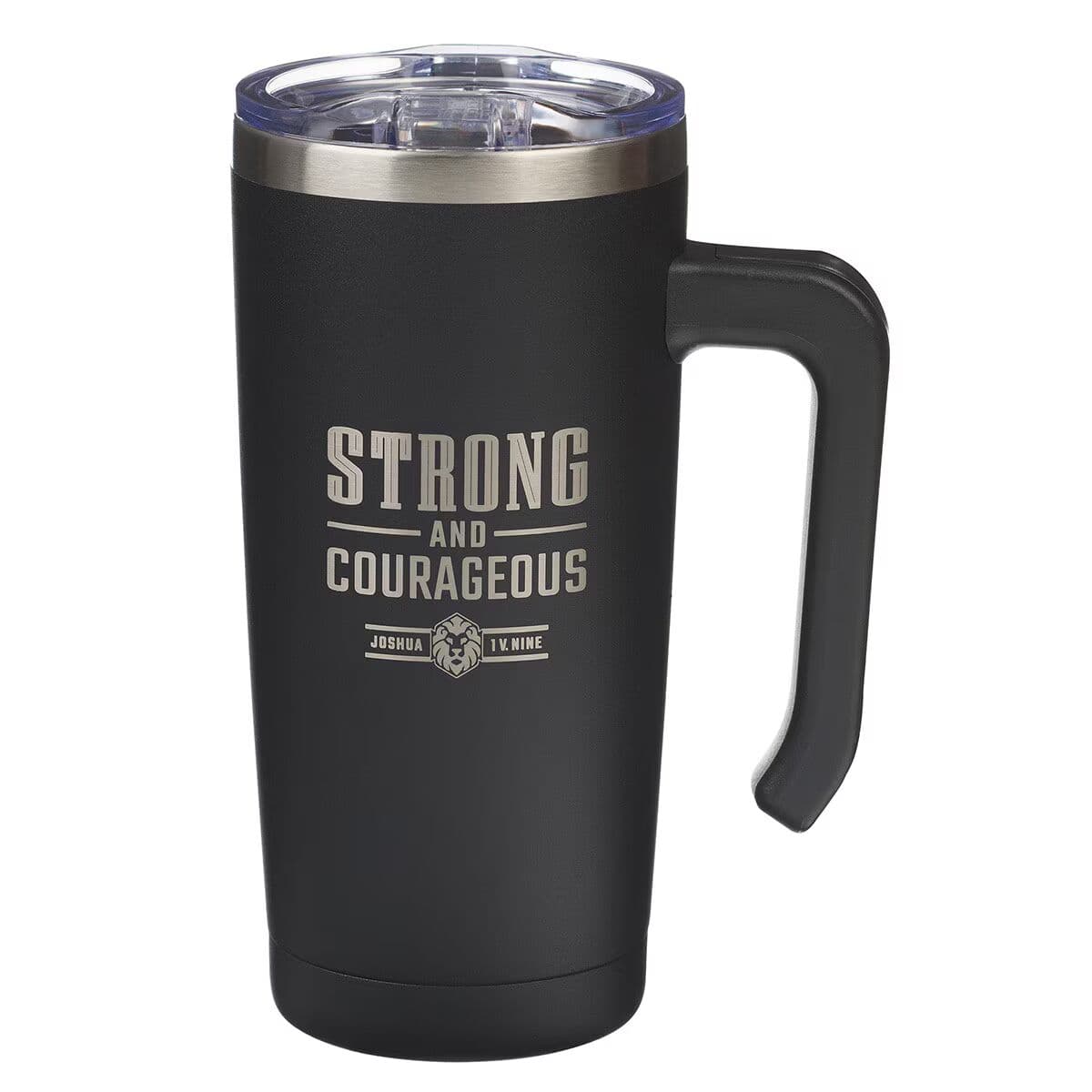 Strong and Courageous - Joshua 1:9 Black Stainless Steel Travel Mug with Handle