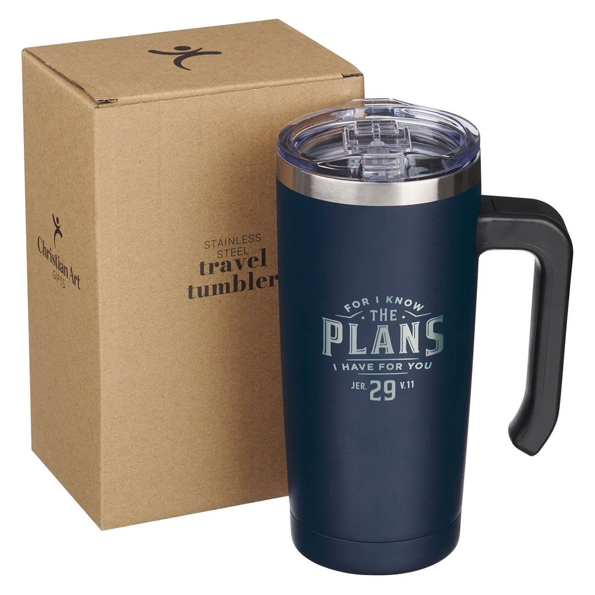 The Plans for You - Jeremiah 29:11 Navy Stainless Steel Travel Mug with Handle, picture 3