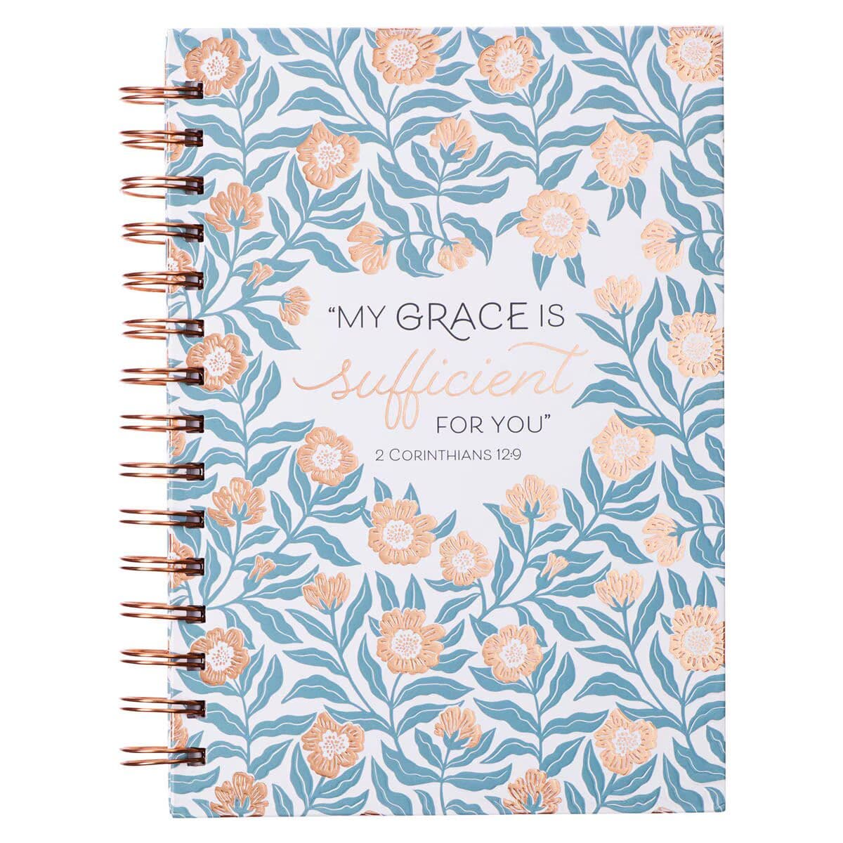 Sufficient Grace - 2 Corinthians 12:9 Teal Floral Spiral Journal