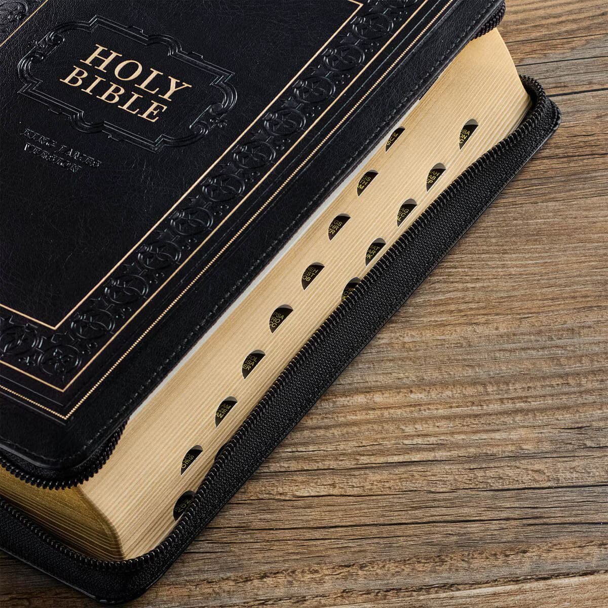 Black Framed Faux Leather Giant Print Full-size King James Version Bible with Thumb Index and Zippered Closure, picture 5
