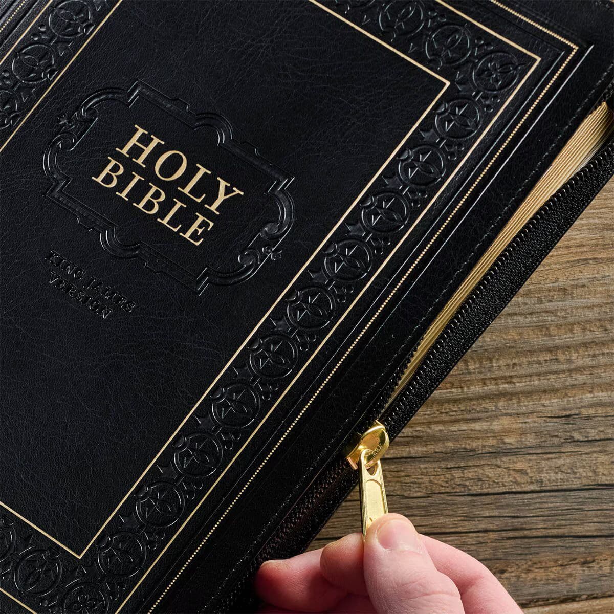 Black Framed Faux Leather Giant Print Full-size King James Version Bible with Thumb Index and Zippered Closure, picture 6