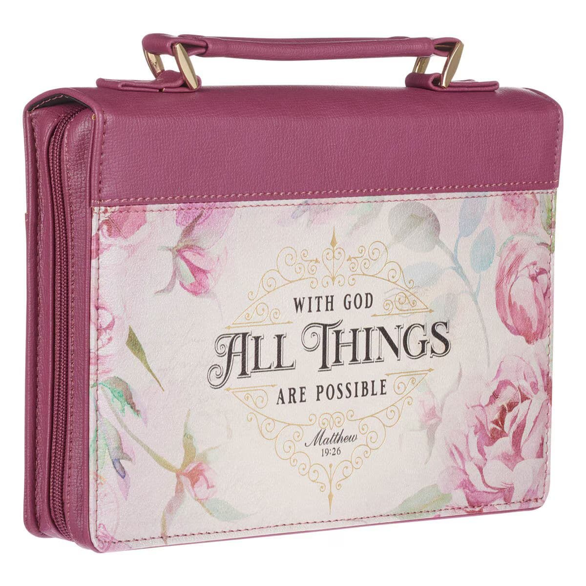 All Things Are Possible – Matthew 19:26 Vintage Dusty Rose Faux Leather Fashion Bible Case (Large), picture 2