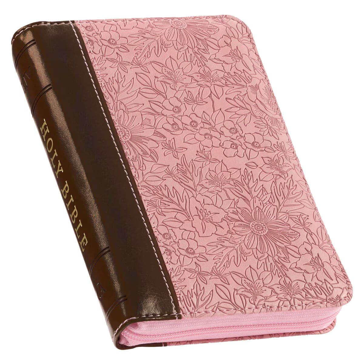 Pink and Saddle Tan Faux Leather Mini Pocket King James Version Bible with Zippered Closure, picture 3