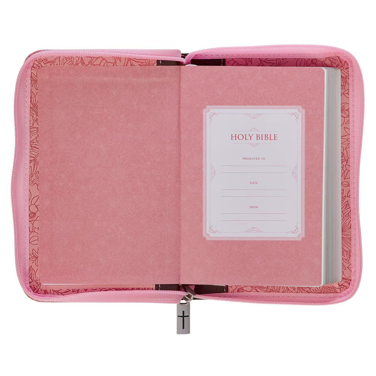 Pink and Saddle Tan Faux Leather Mini Pocket King James Version Bible with Zippered Closure, picture 4