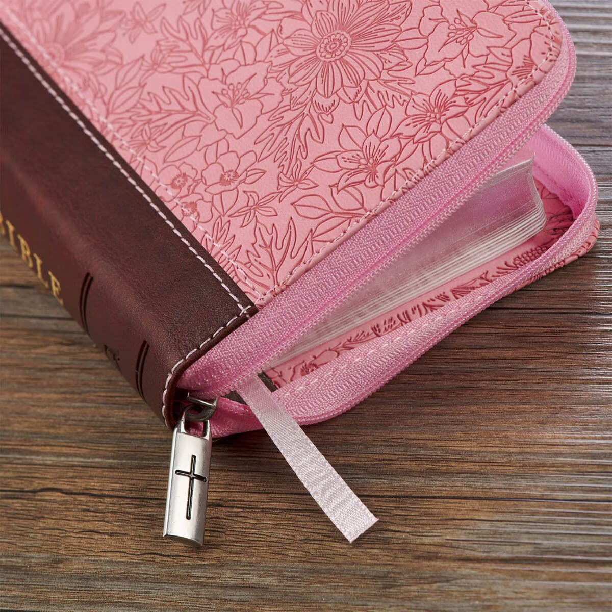 Pink and Saddle Tan Faux Leather Mini Pocket King James Version Bible with Zippered Closure, picture 5